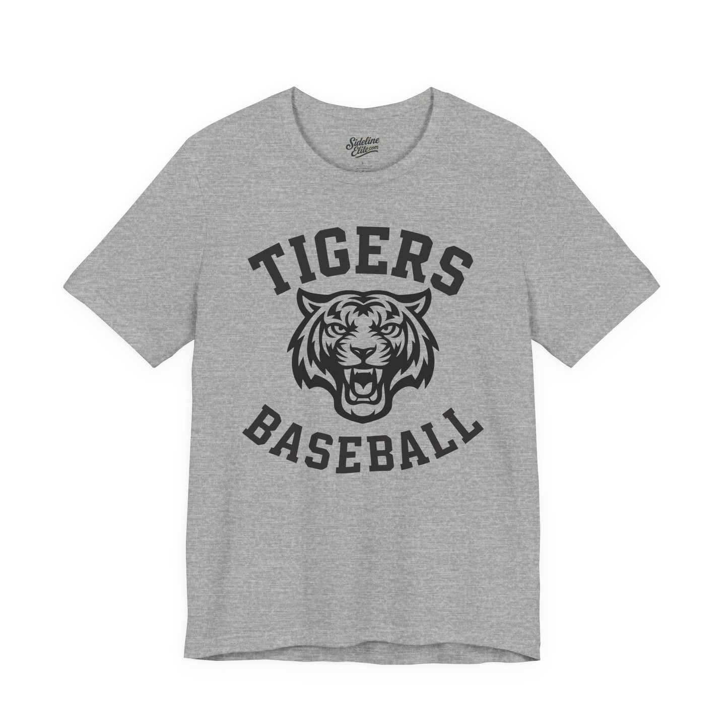 Tigers Baseball Arched Mascot Tee | Bold Varsity Text with Roaring Tiger Centerpiece