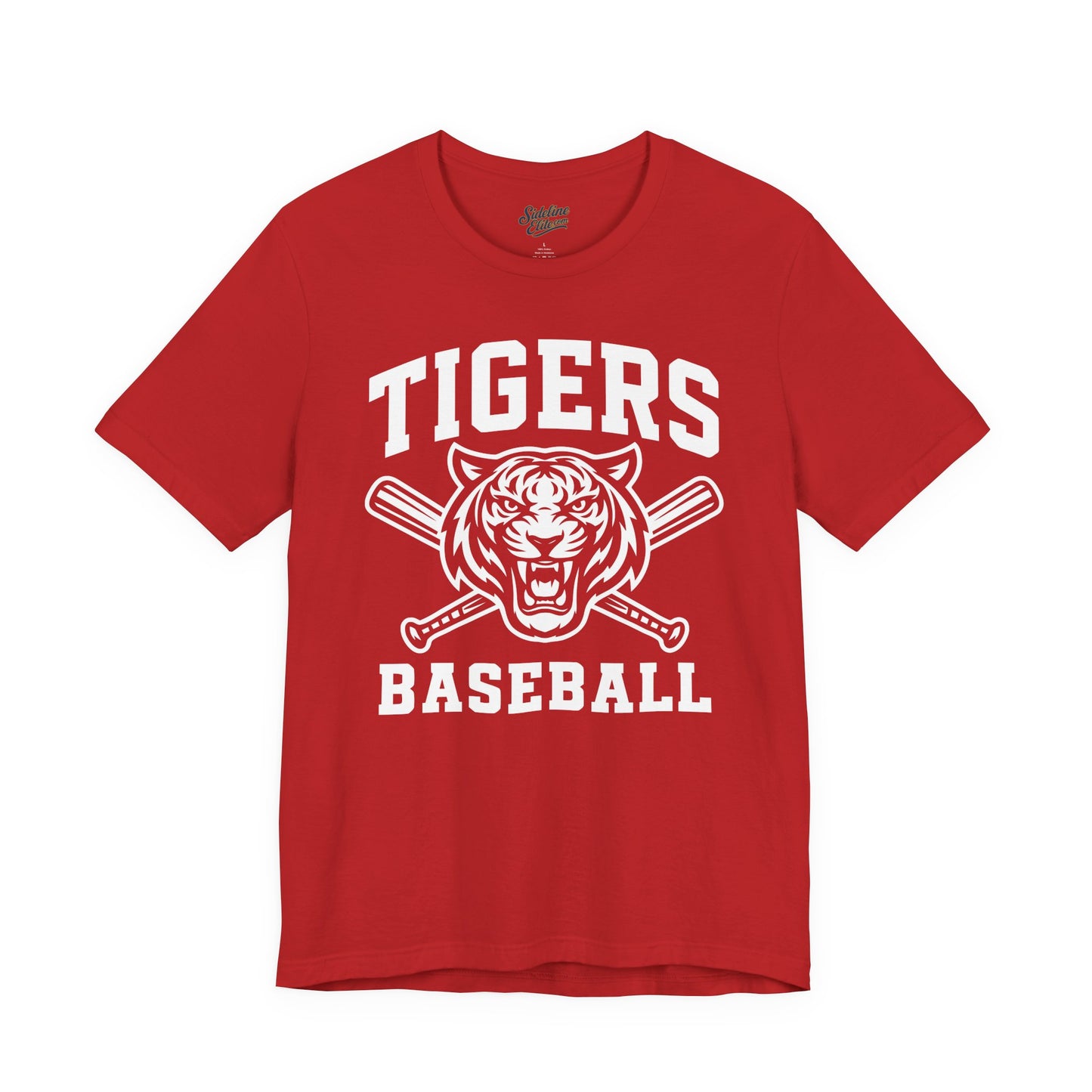 Tigers Baseball Crossed Bats Tee | Bold Mascot with Power Pose
