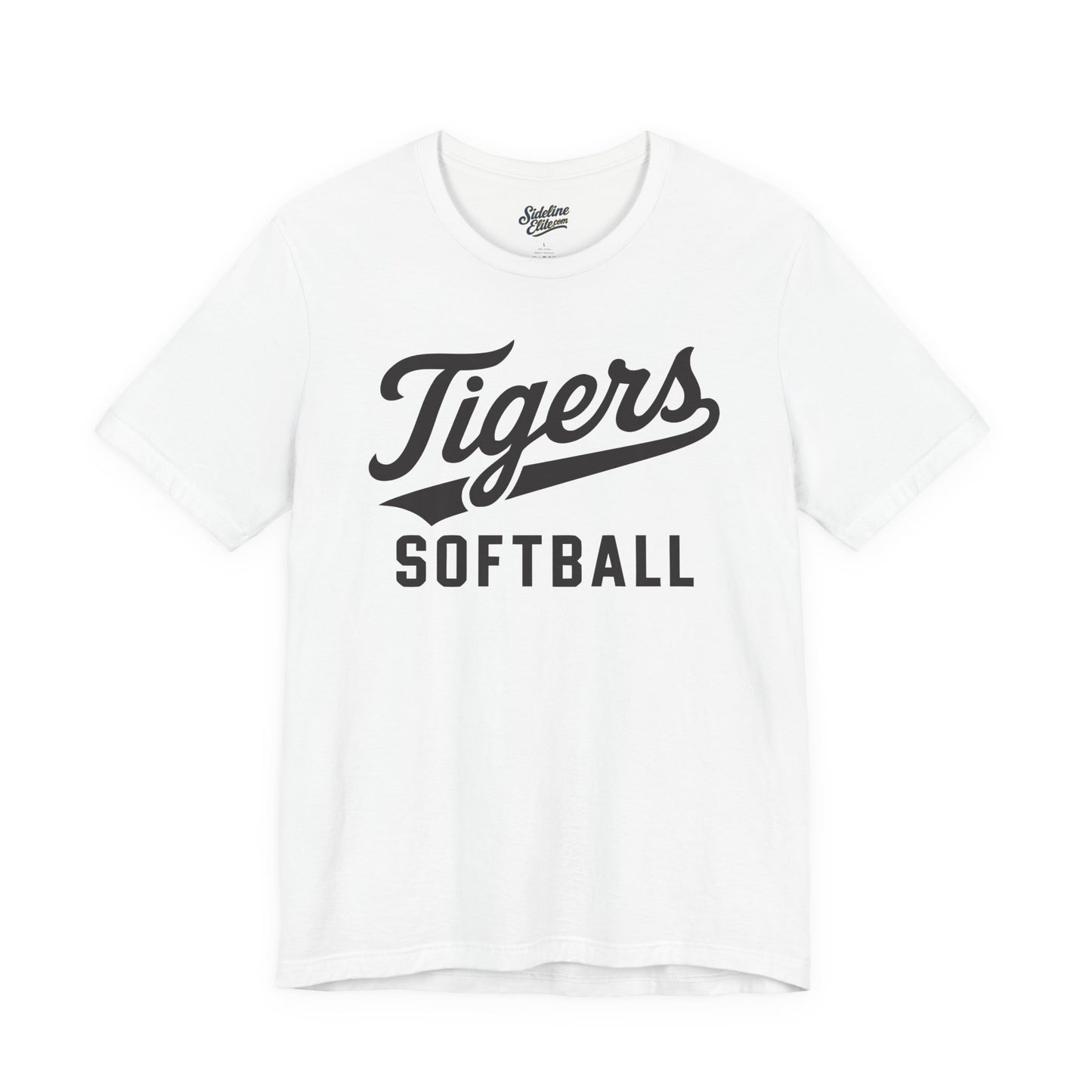 Tigers Softball Script Tee | Retro Tail Lettering on Classic Athletic Shirt