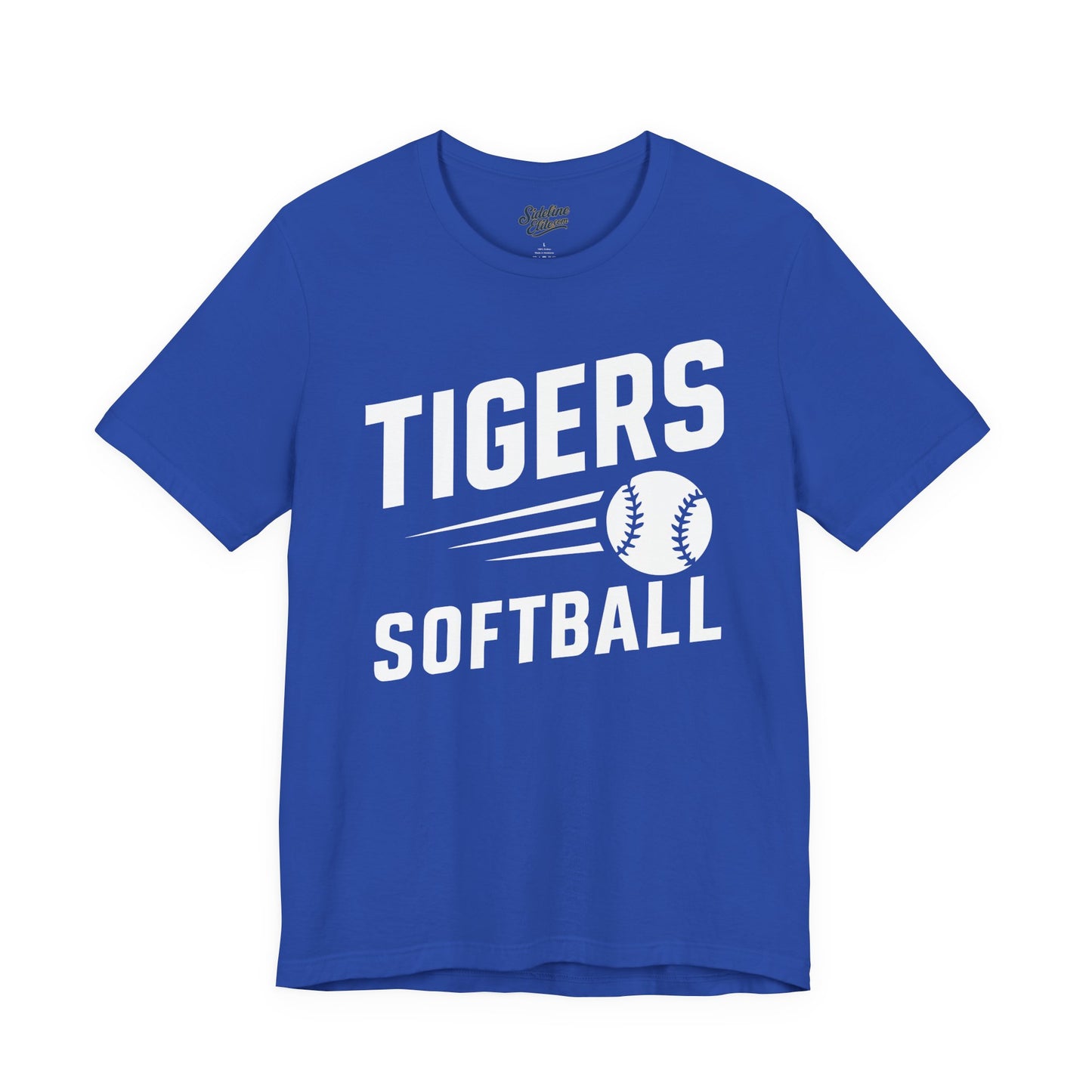 Tigers Softball Fastpitch Tee | Speed Line Graphic with Flying Softball Design