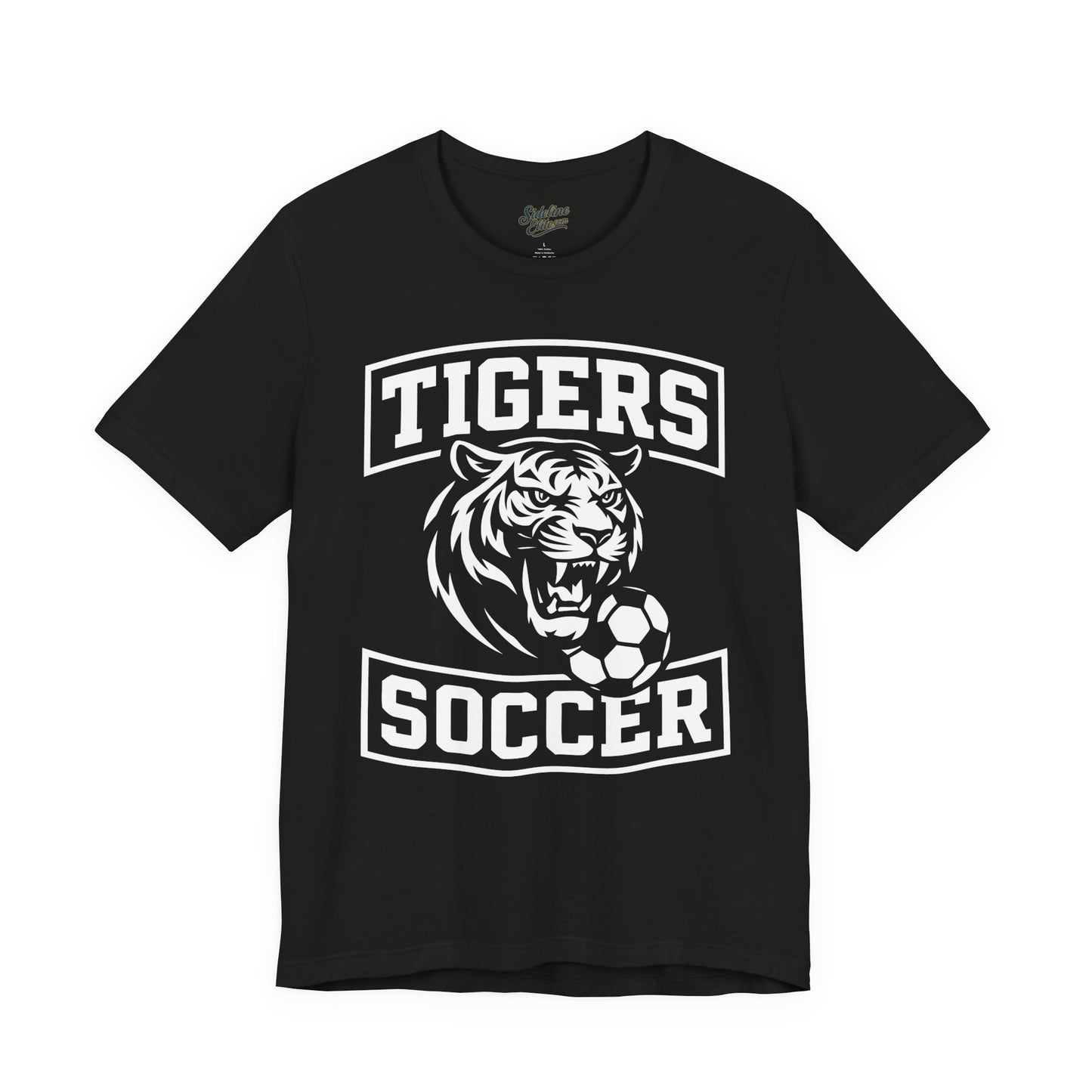 Tigers Soccer Arched Varsity Tee | Roaring Tiger with Soccer Ball