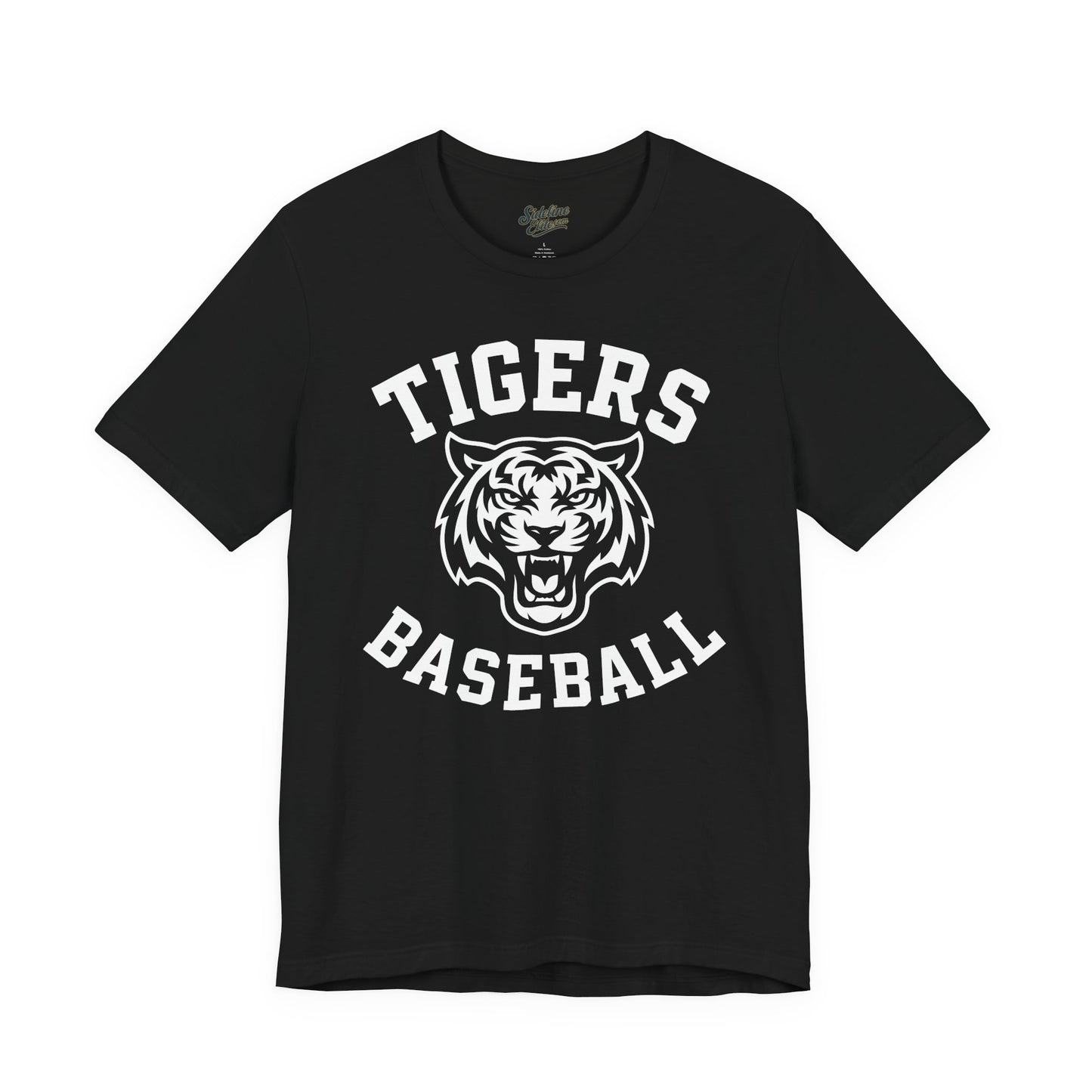 Tigers Baseball Arched Mascot Tee | Bold Varsity Text with Roaring Tiger Centerpiece