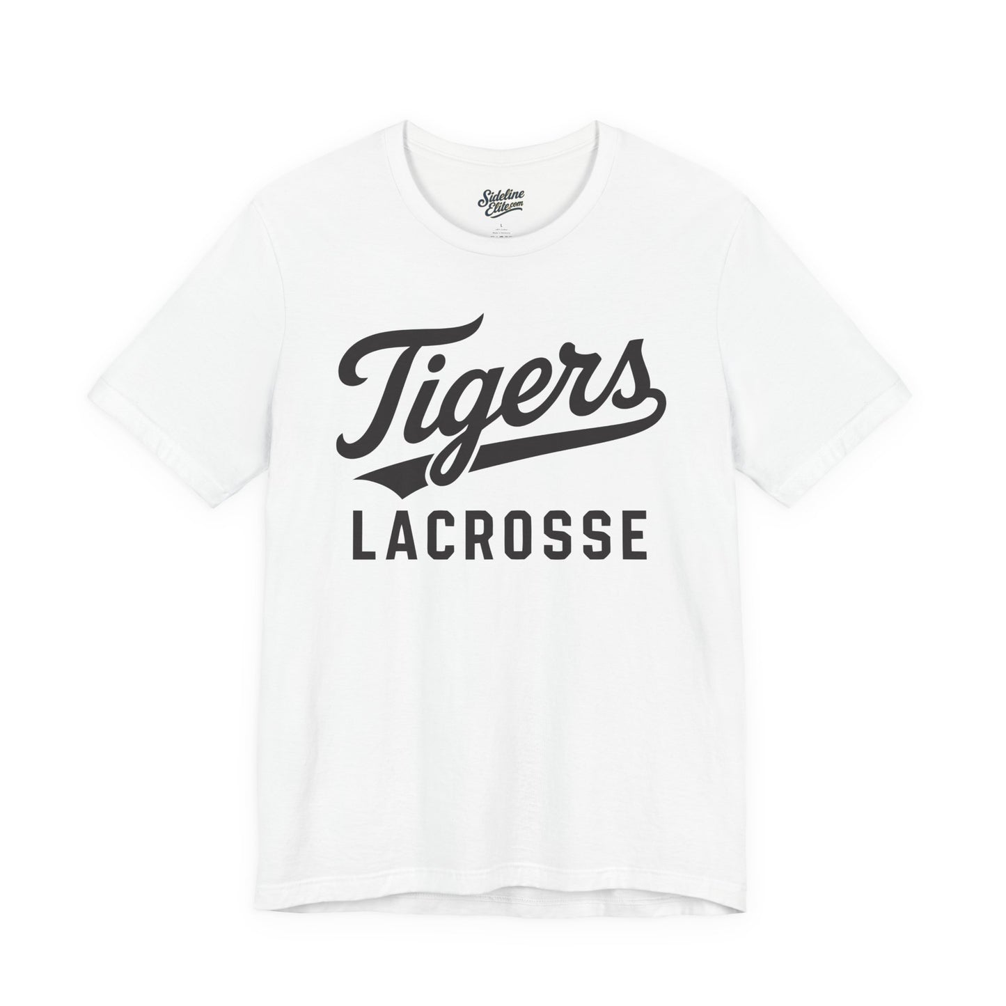Tigers Lacrosse Script Tee | Retro Tail Lettering on Classic Athletic Shirt