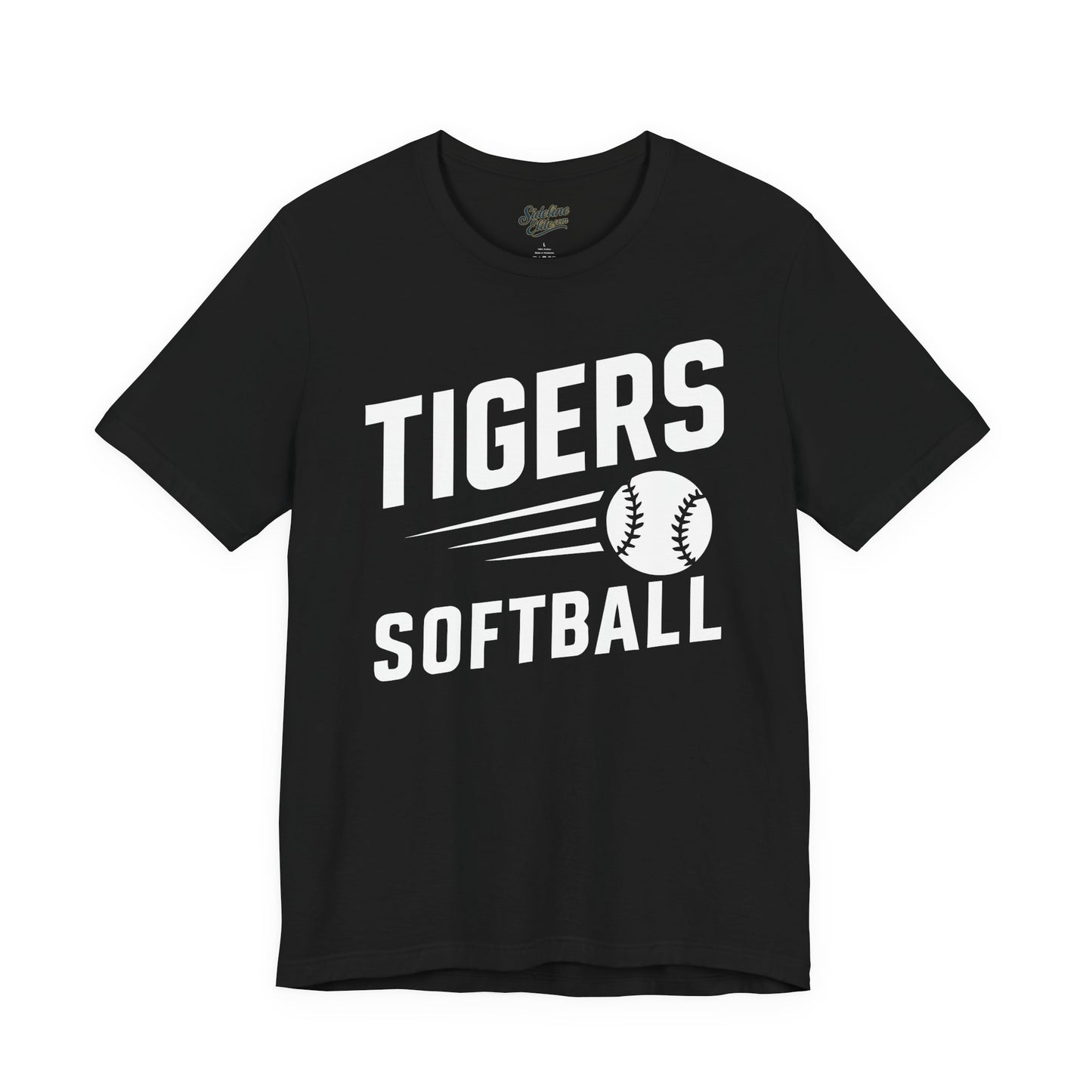 Tigers Softball Fastpitch Tee | Speed Line Graphic with Flying Softball Design