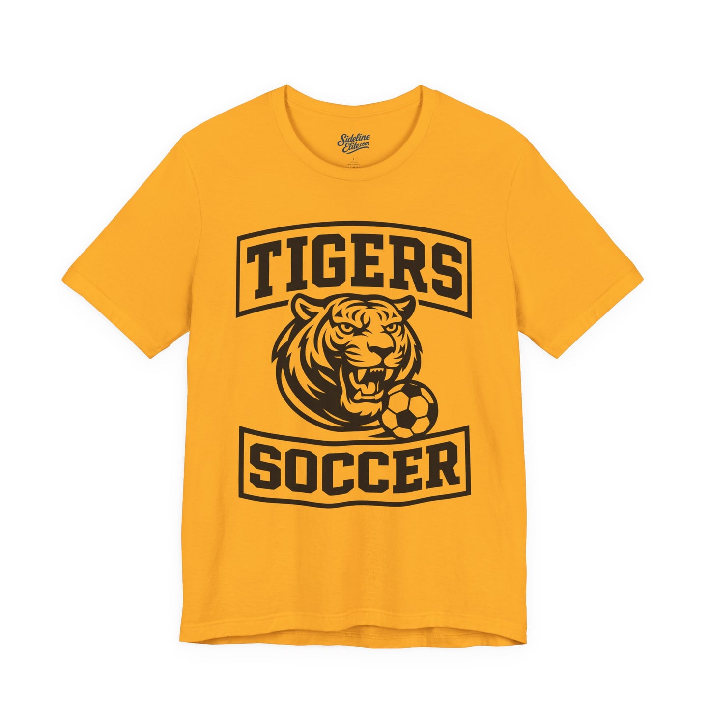 Tigers Soccer Arched Varsity Tee | Roaring Tiger with Soccer Ball