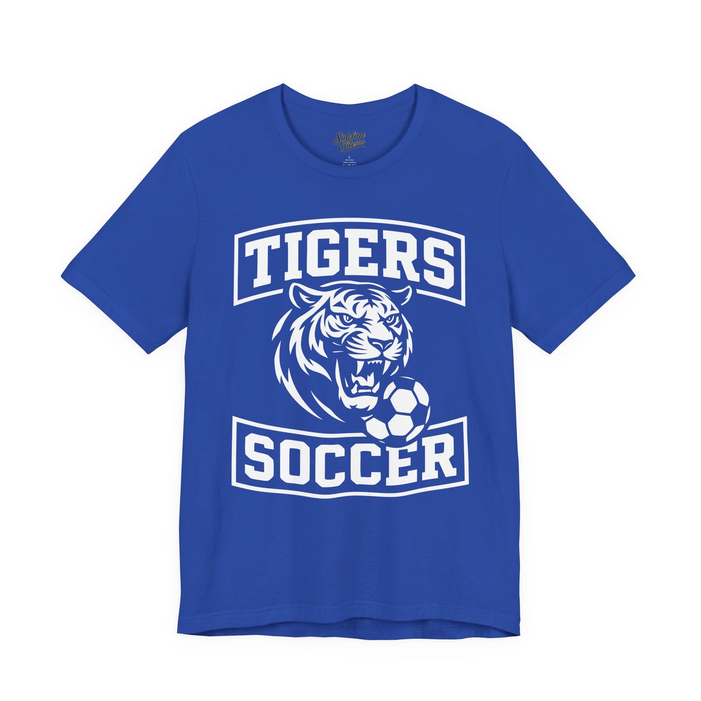 Tigers Soccer Arched Varsity Tee | Roaring Tiger with Soccer Ball