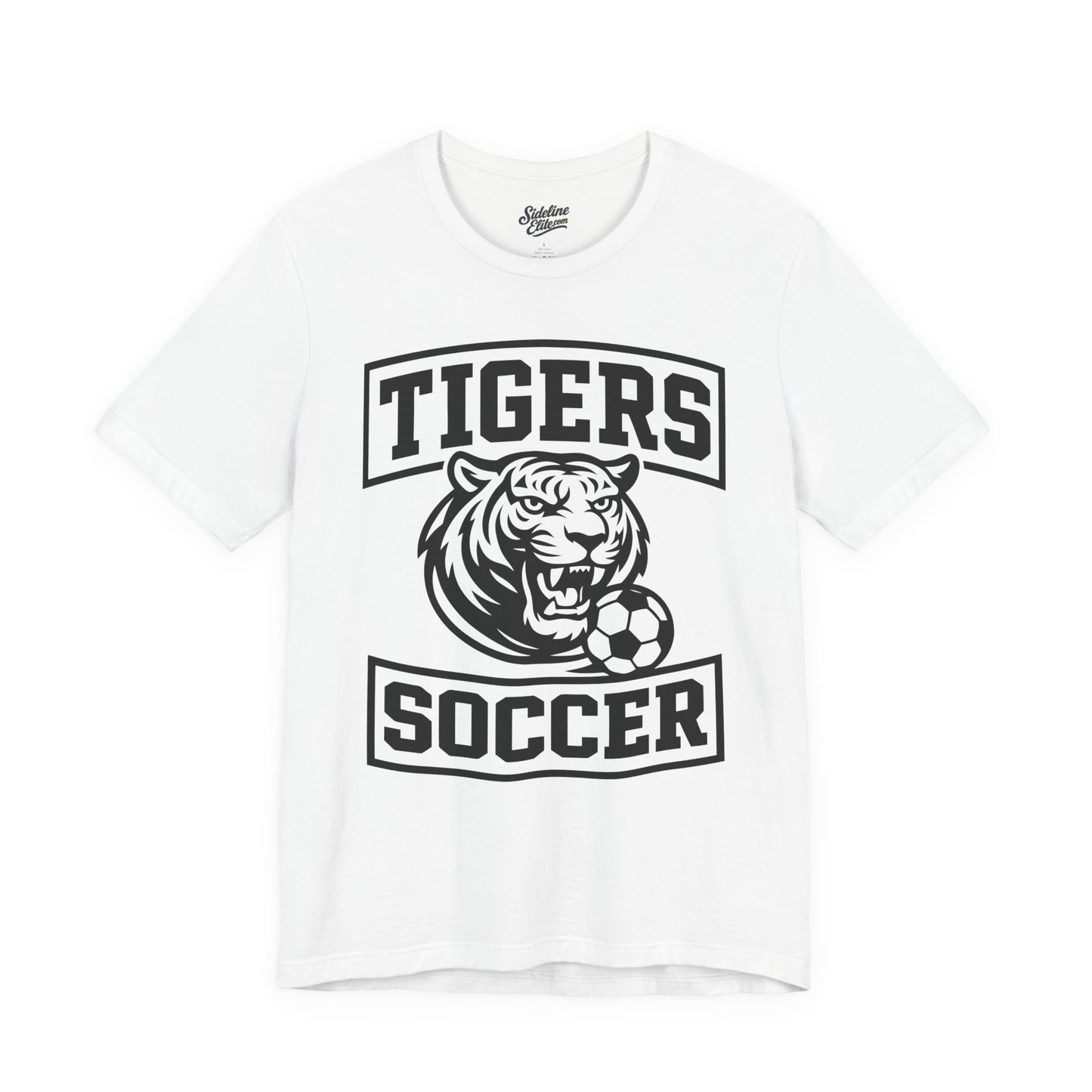Tigers Soccer Arched Varsity Tee | Roaring Tiger with Soccer Ball