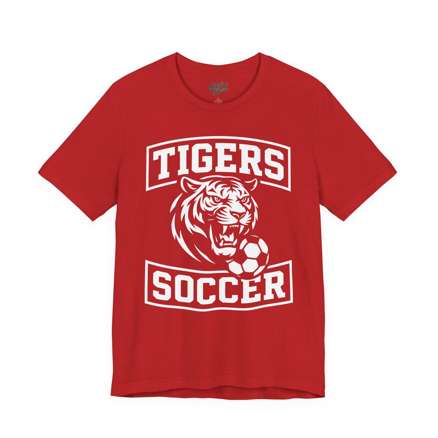 Tigers Soccer Arched Varsity Tee | Roaring Tiger with Soccer Ball