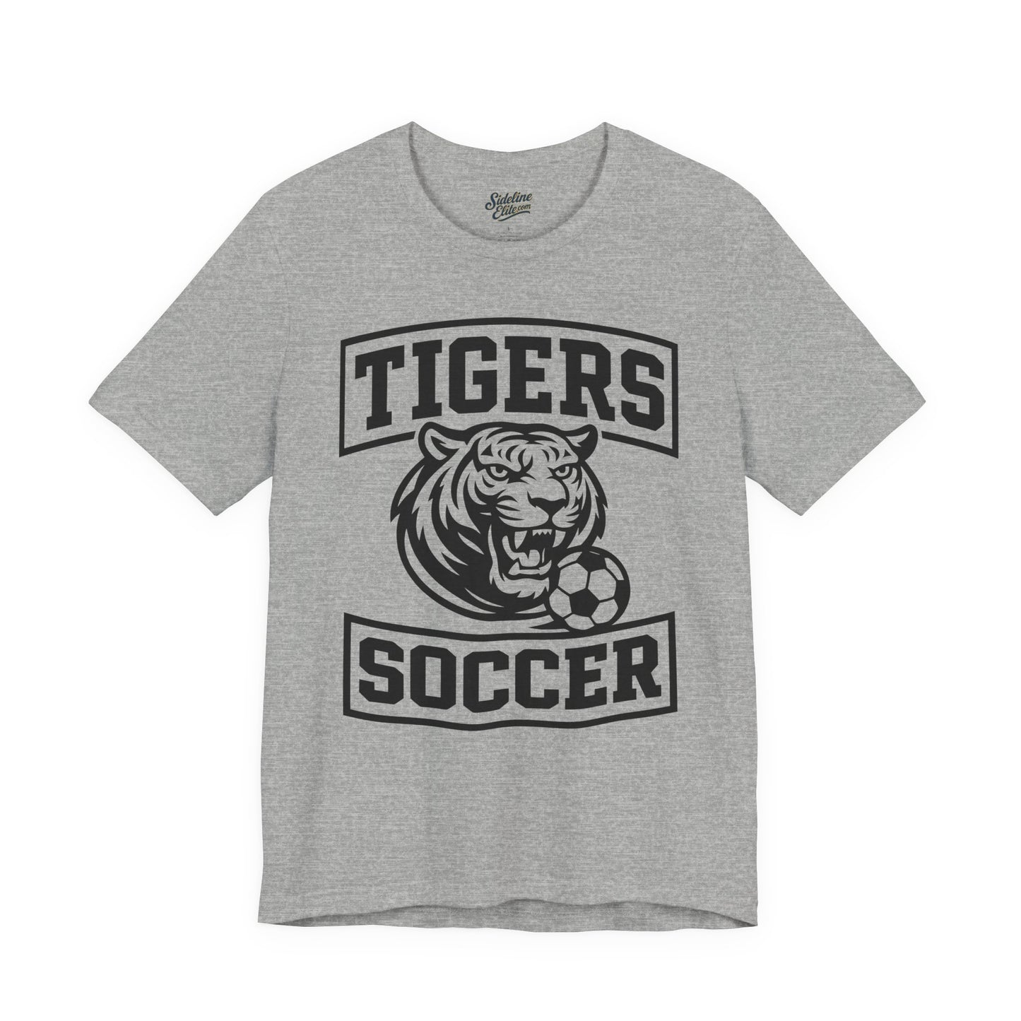 Tigers Soccer Arched Varsity Tee | Roaring Tiger with Soccer Ball