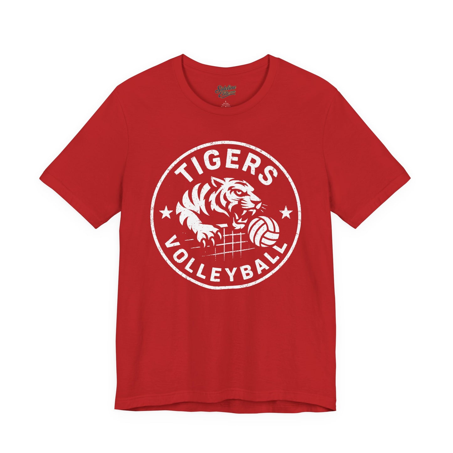 Tigers Volleyball Crest Tee | Bold Mascot Emblem with Net and Stars