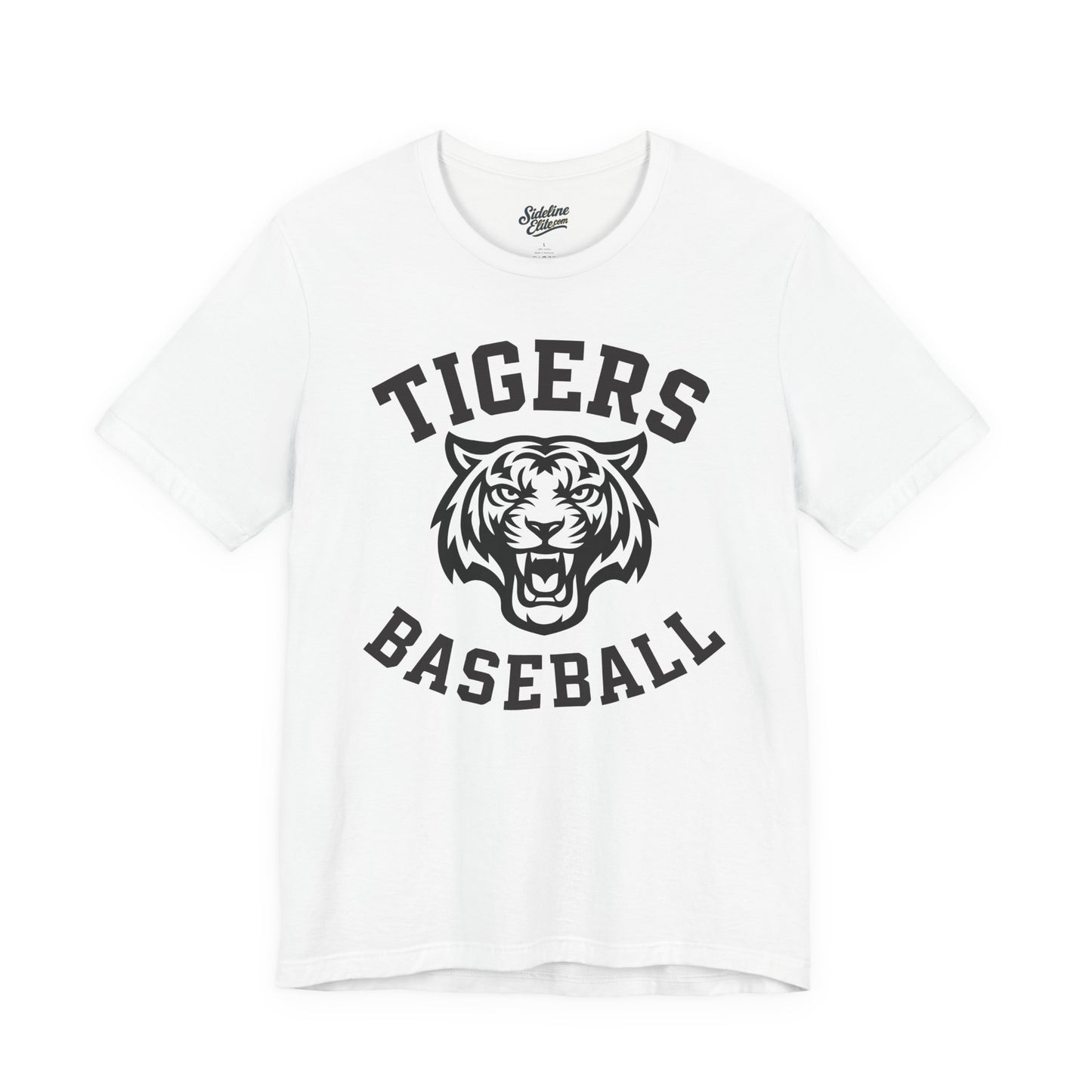 Tigers Baseball Arched Mascot Tee | Bold Varsity Text with Roaring Tiger Centerpiece