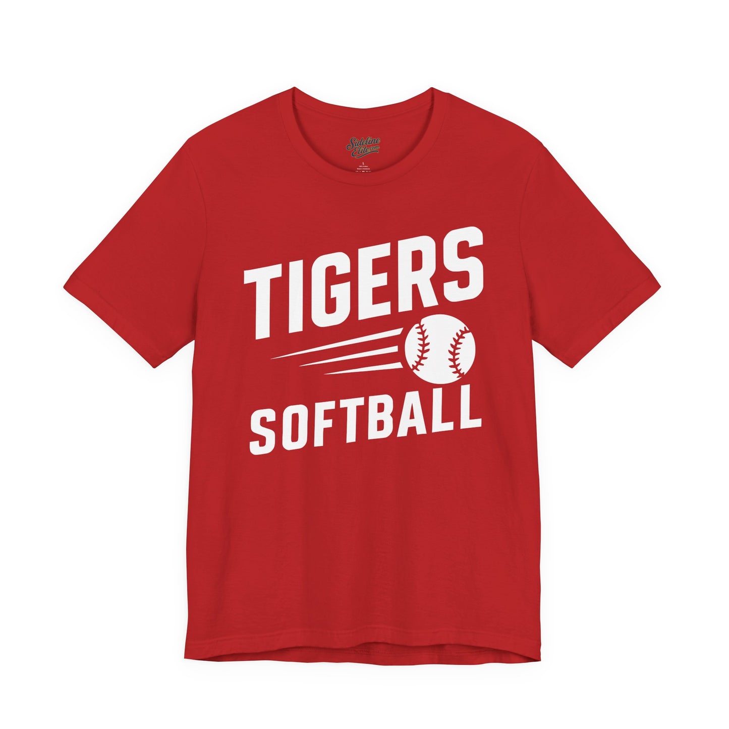 Tigers Softball Fastpitch Tee | Speed Line Graphic with Flying Softball Design