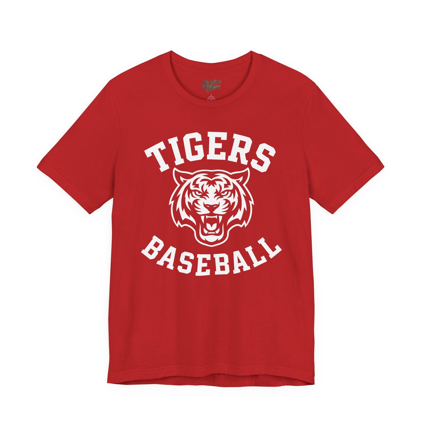 Tigers Baseball Arched Mascot Tee | Bold Varsity Text with Roaring Tiger Centerpiece