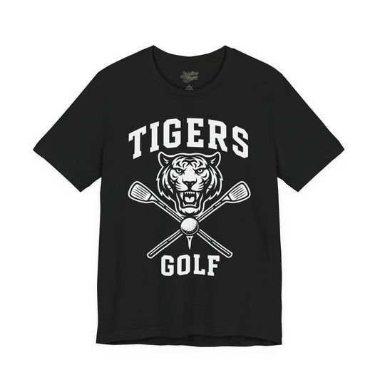 Tigers Golf Crossed Clubs Tee | Fierce Tiger Face & Varsity Style
