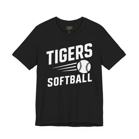 Tigers Softball Fastpitch Tee | Speed Line Graphic with Flying Softball Design