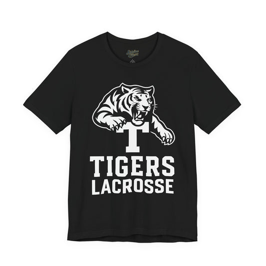 Tigers Lacrosse Block T Tee | Fierce Tiger Leaping Mascot Design