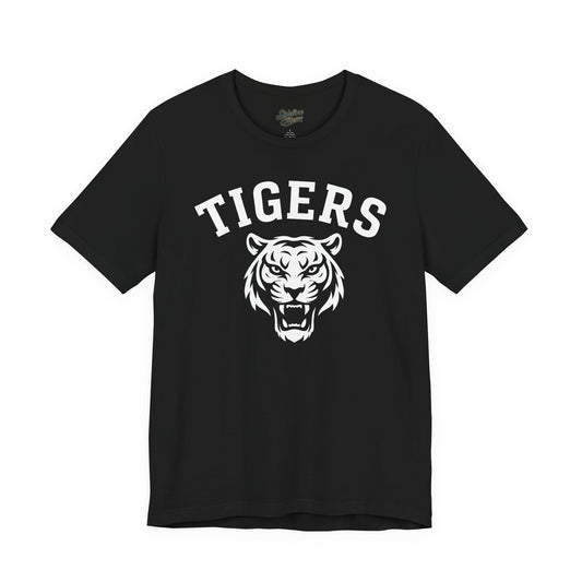 Tigers Mascot Face Tee | Classic Arched Lettering on Bold Spirit Shirt