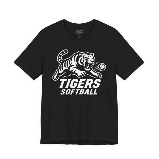 Tigers Softball Pounce Tee | Leaping Mascot with Claw-Marked Ball Graphic