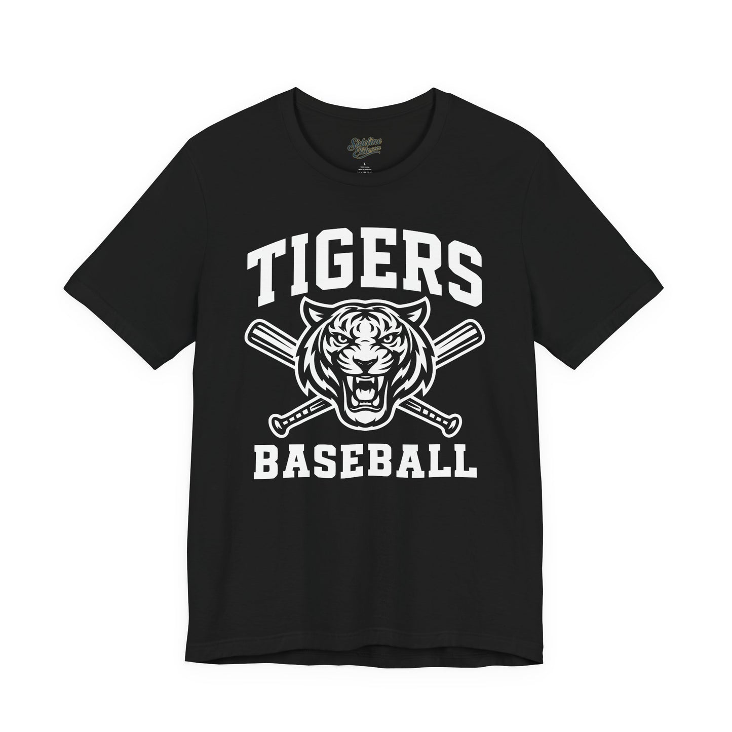 Tigers Baseball Crossed Bats Tee | Bold Mascot with Power Pose