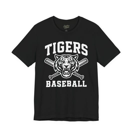 Tigers Baseball Crossed Bats Tee | Bold Mascot with Power Pose