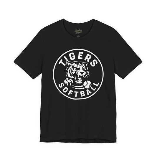 Tigers Softball Circle Crest Tee | Fierce Mascot with Framed Softball Emblem