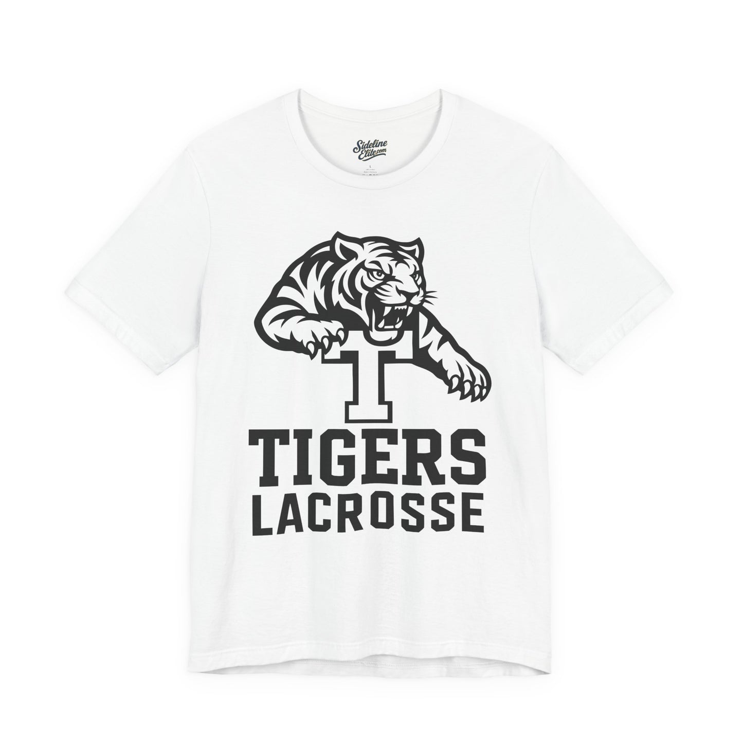Tigers Lacrosse Block T Tee | Fierce Tiger Leaping Mascot Design