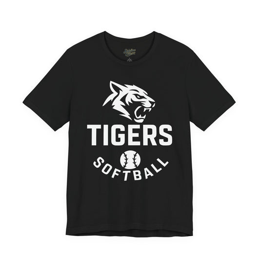 Tigers Softball Fierce Head Tee | Modern Mascot with Arched Text and Softball Icon