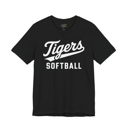 Tigers Softball Script Tee | Retro Tail Lettering on Classic Athletic Shirt