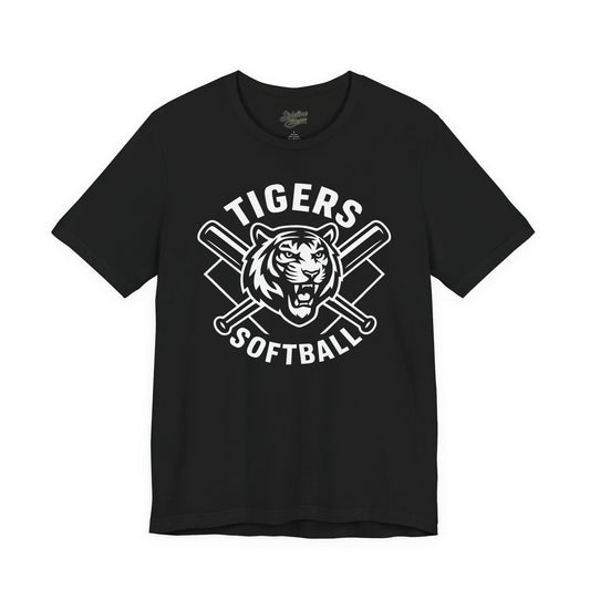 Tigers Softball Power Crest Tee | Intense Mascot with Crossed Bats Emblem