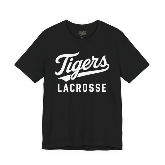 Tigers Lacrosse Script Tee | Retro Tail Lettering on Classic Athletic Shirt